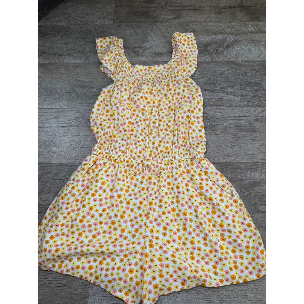 Cat & Jack Girls Yellow Orange Floral Ruffle Sleeve Romper Size L 10/12